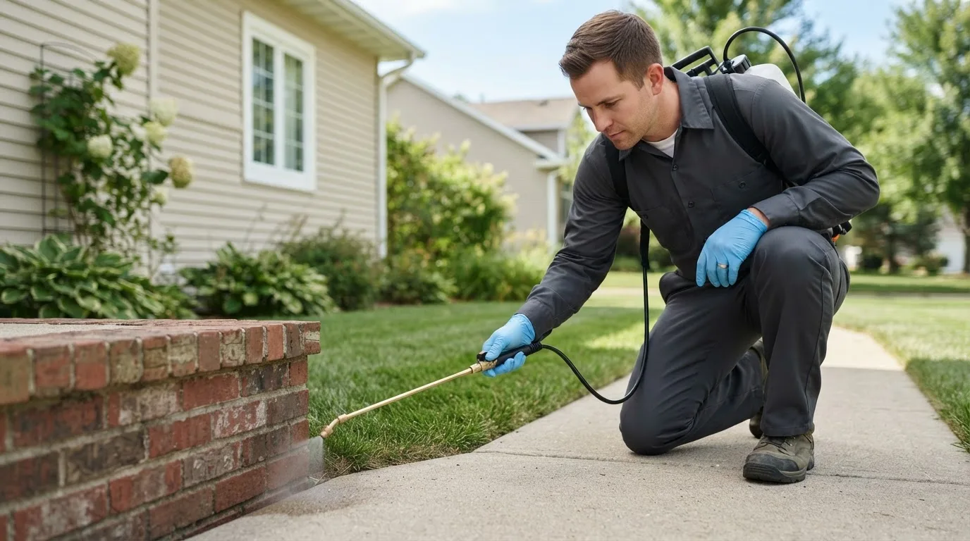 Pest control technician treating a home near Coulter, IA