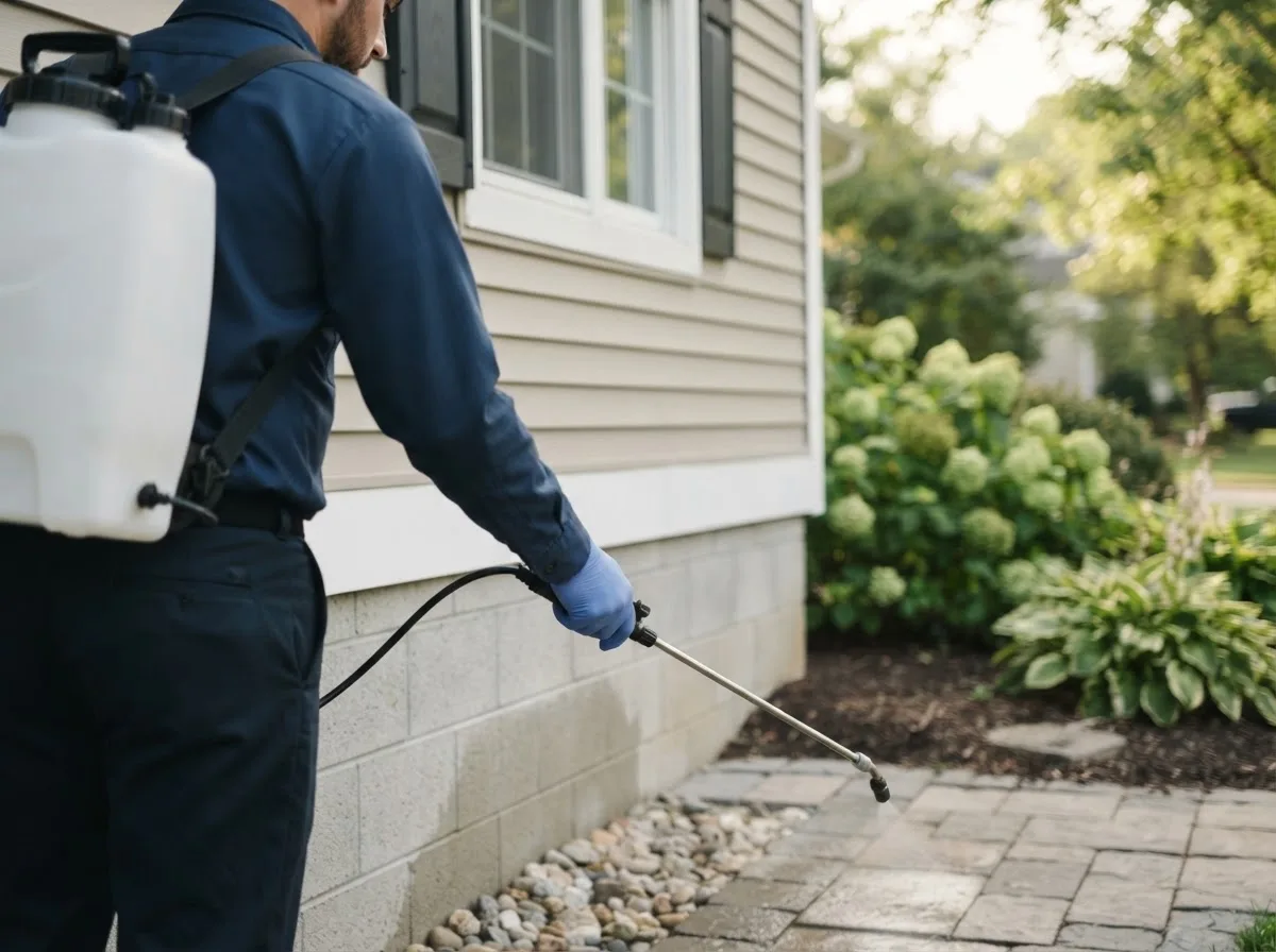 Pest control technician inspecting a home in Coulter, IA